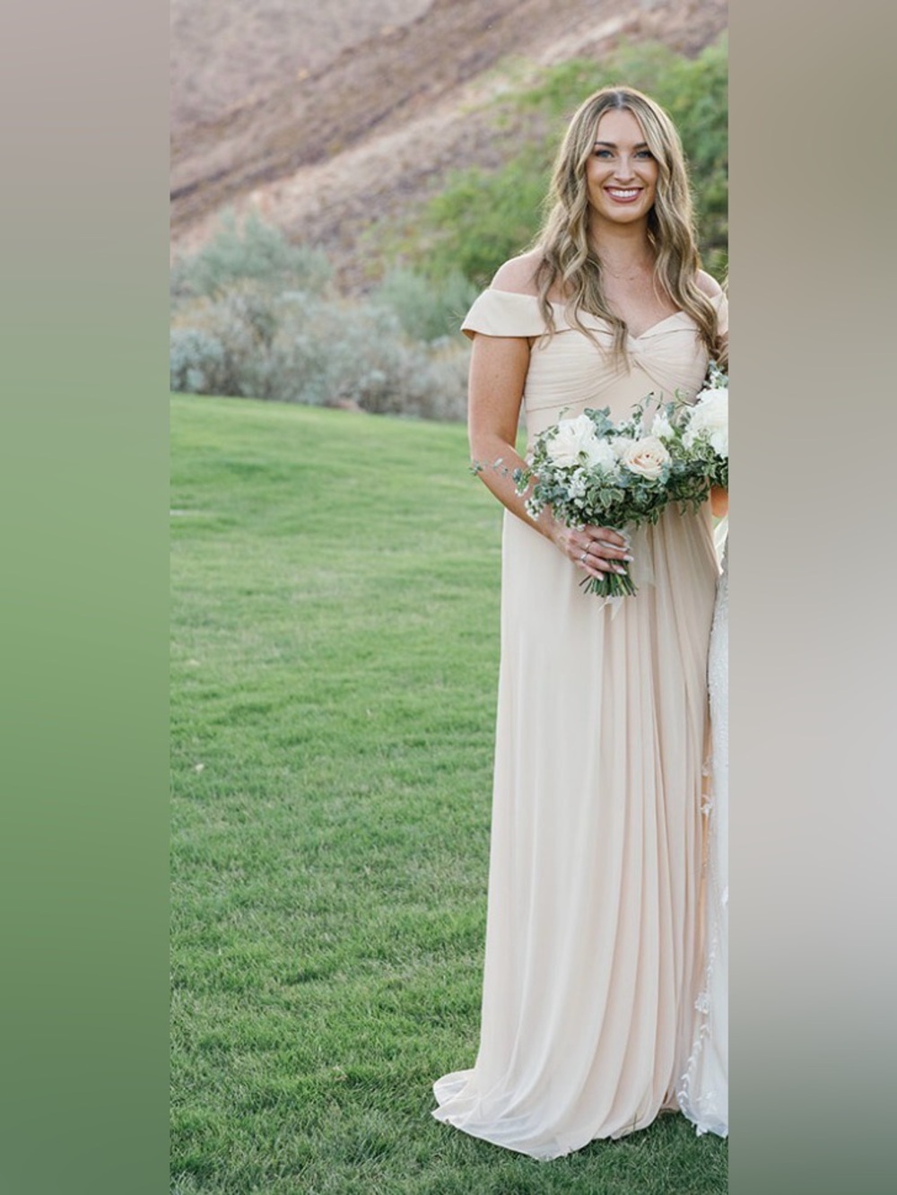 Azazie Almendra Champagne Chiffon Bridesmaid Dress (size 6)